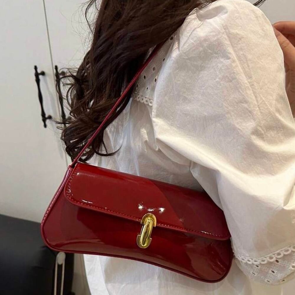 Burgundy Red Patent Leather-Style Shoulder Bag | Gold Hardware | Crossbody